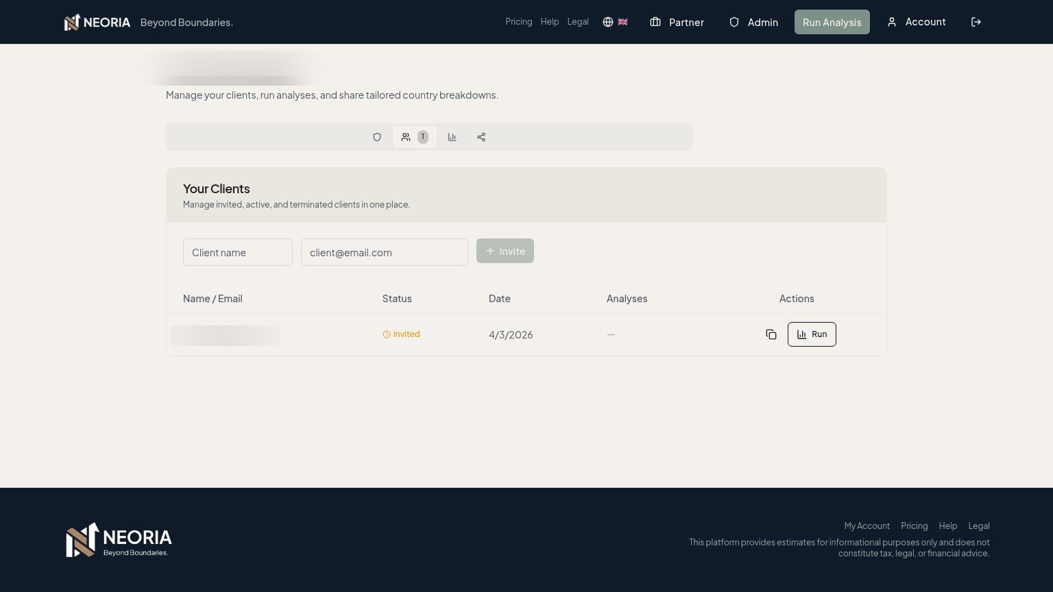 Neoria advisor dashboard showing centralized client management workspace