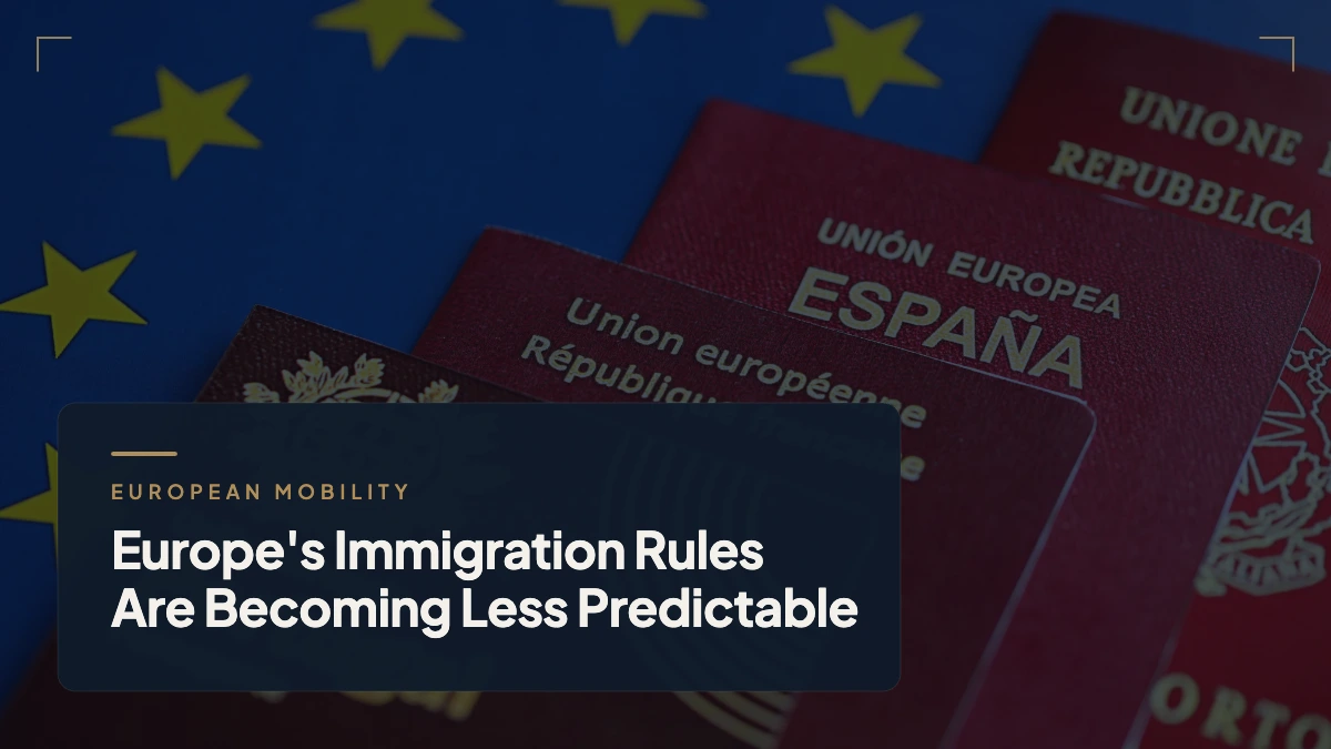 Abstract visual showing fragmented European immigration pathways and relocation policy risk