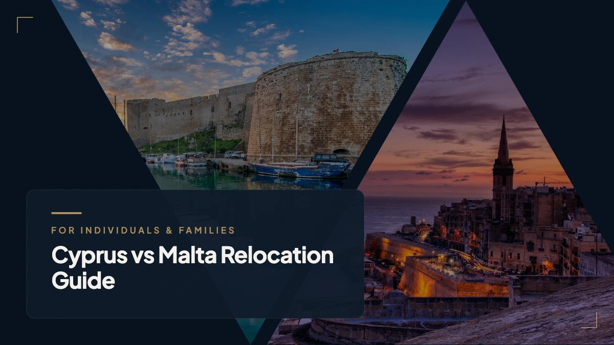 Abstract visual representing the Malta vs Cyprus relocation comparison across mobility, tax, lifestyle, Schengen access and cost of living